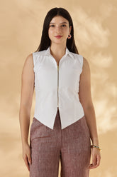 White collared formal Cotton zipper sleeveless vest